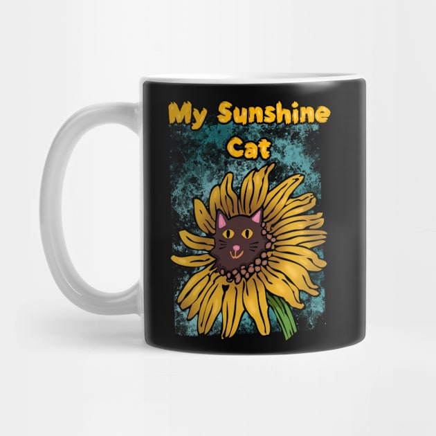 My Sunshine Cat Green Blue Background Sunflower by wildjellybeans